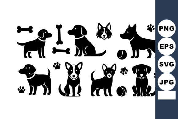 Dog Silhouettes with Bones Paws and Ball