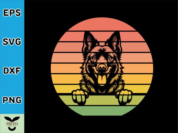 Dutch Shepherd Dog Peeking Sunset Vintage Embroidery Design