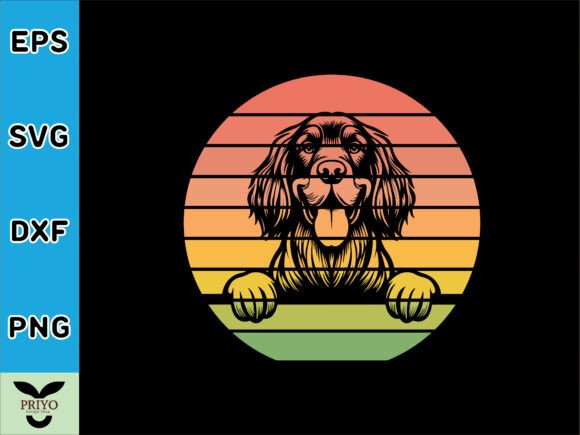 Gordon Setter Dog Peeking Sunset Vintage