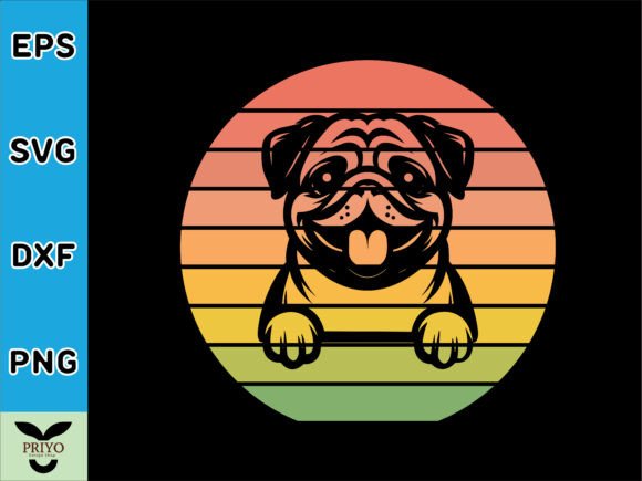 Pug Dog Peeking Sunset Embroidery Design