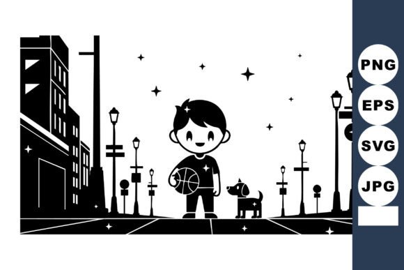 Urban Street Scene with Child Holding Ba