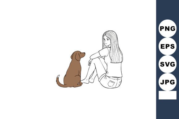Woman Sitting with Dog Simple Line Art V